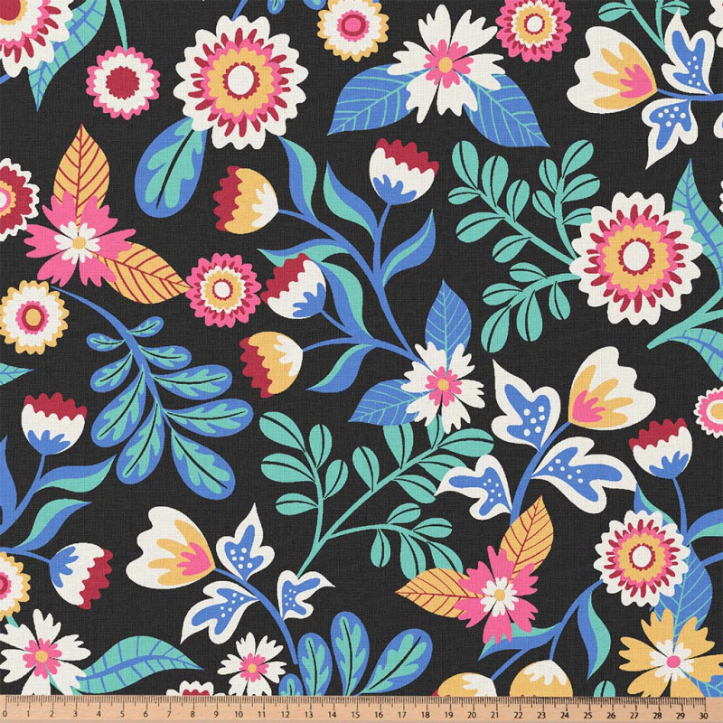 Printed Acryl Coated Cotton KALERIA Black / Blue